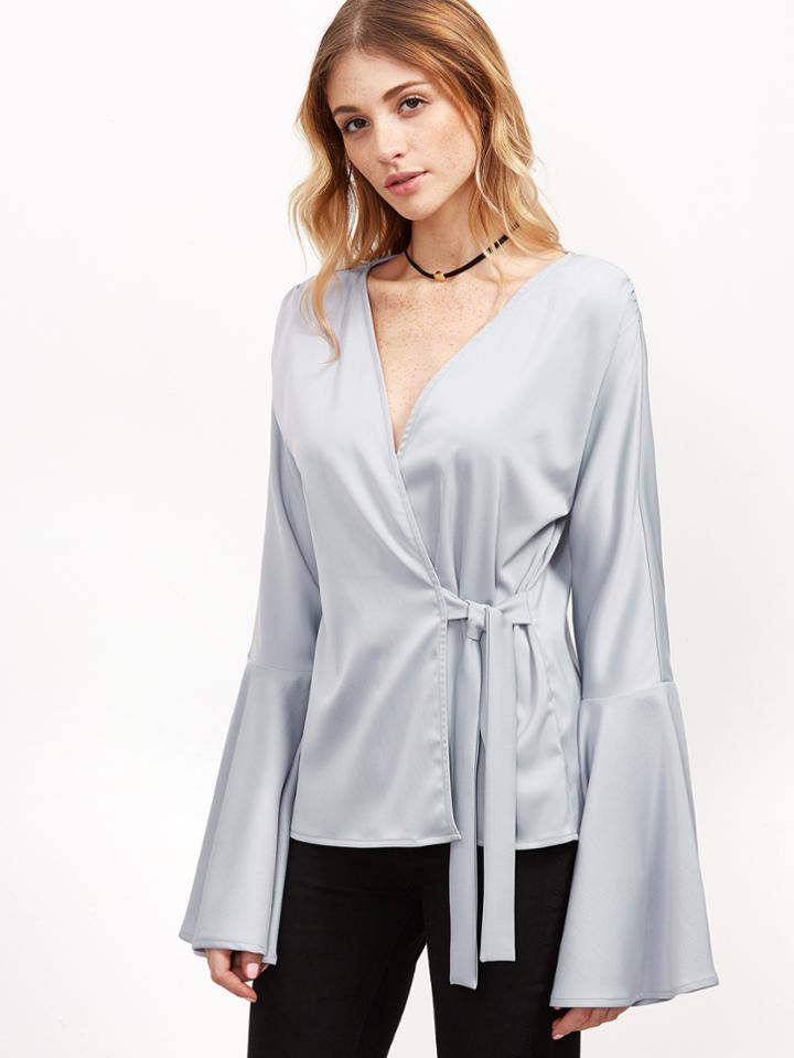 Shein Grey Bell Sleeve Surplice Wrap Top