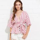 Shein Deep V Neck Button Front Striped Blouse