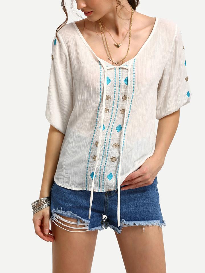Shein Elbow Sleeve Lace Up Embroidered Shirt