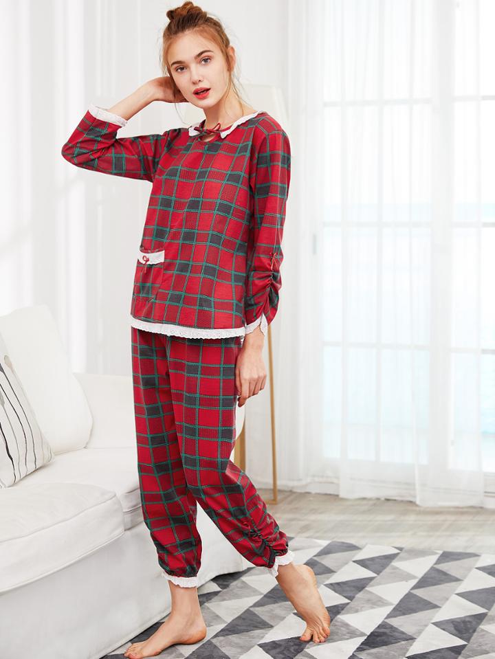 Shein Contrast Lace Trim Plaid Top & Pants Pj Set