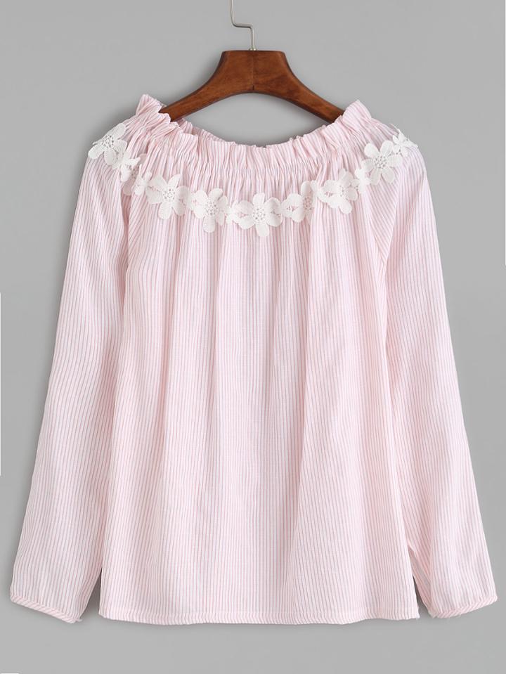 Shein Vertical Striped Boat Neck Appliques Ruffle Blouse