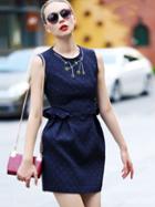 Shein Navy Round Neck Sleeveless Beading Ruffle Jacquard Dress