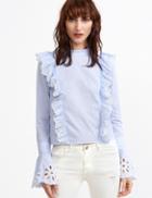 Shein Blue And White Striped Button Back Eyelet Embroidered Ruffle Blouse