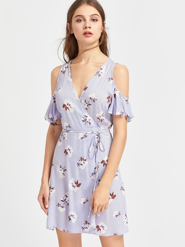 Shein Ruffle Sleeve Surplice Wrap Crinkle Floral Dress