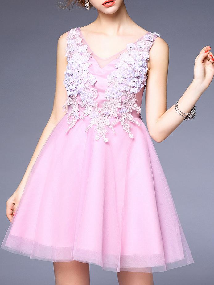 Shein Pink V Neck Backless Disc Flowers Gauze Dress