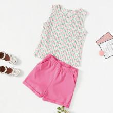 Shein Girls Carrot Print Sleeveless Top & Cuffed Shorts Set