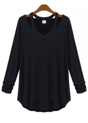 Rosewe New Arrival Solid Black Long Sleeve T Shirt