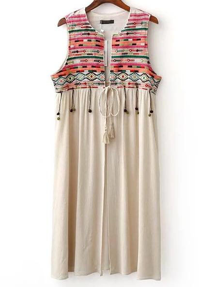 Shein Beige Pom Pom Self Tie Embroidery Vest