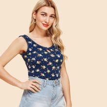 Shein Keyhole Front Lace Trim Floral Top