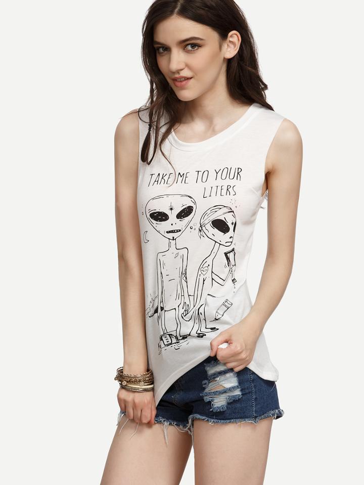 Shein White Alien Print Tank Top