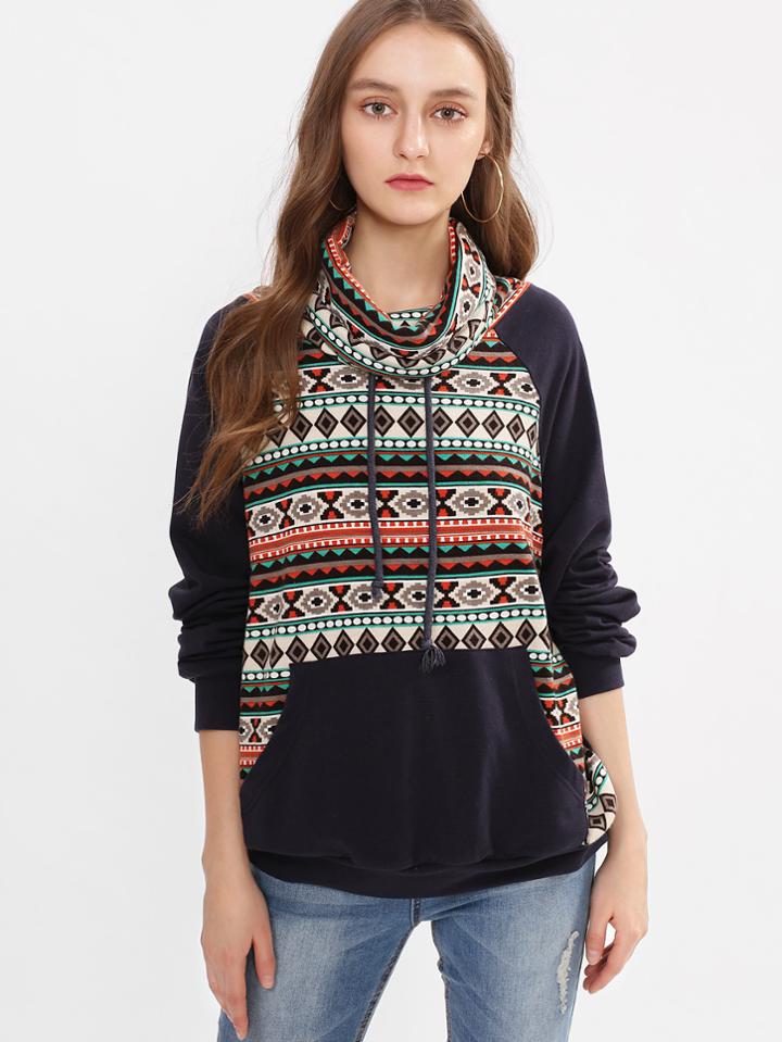 Shein Cowl Neck Tribal Print Sweatshirt