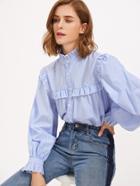 Shein Frill Trim Gigot Sleeve Pinstripe Blouse