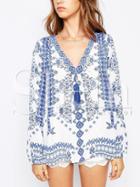 Shein White Long Sleeve V Neck Vintage Print Blouse