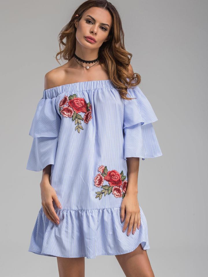 Shein Bardot Neckline Striped Flower Patches Frill Dress