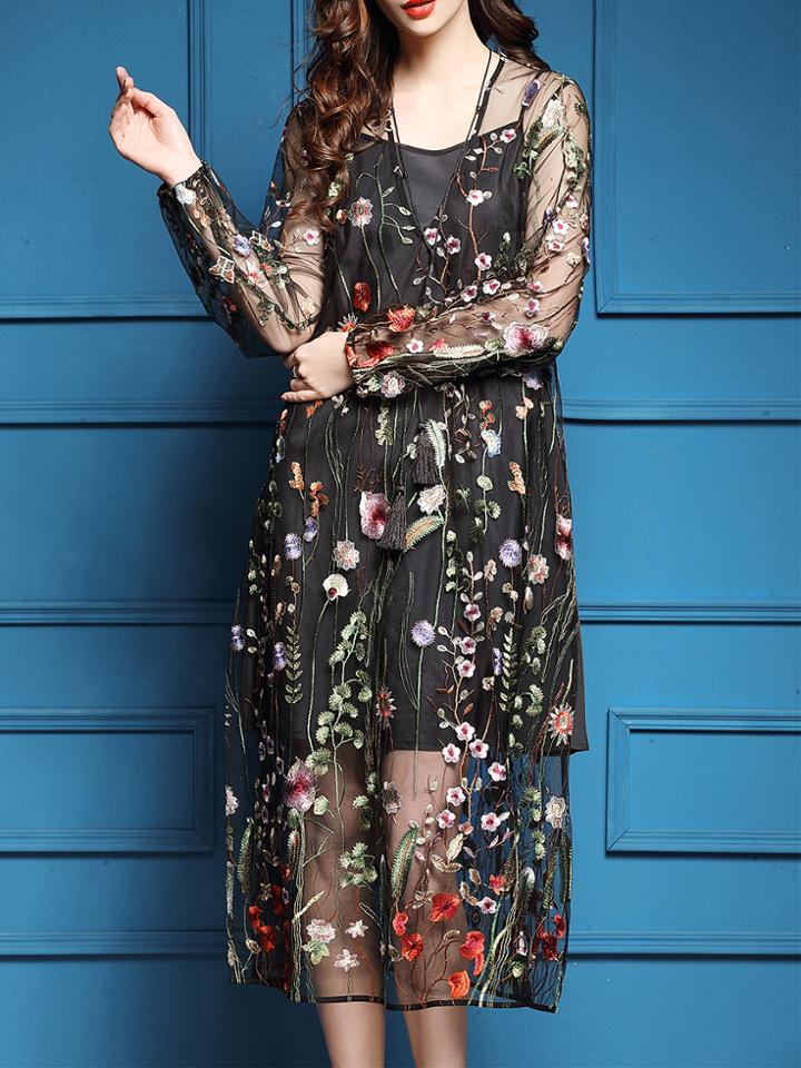Shein Black V Neck Sheer Gauze Flowers Embroidered Dress