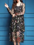 Shein Black V Neck Sheer Gauze Flowers Embroidered Dress