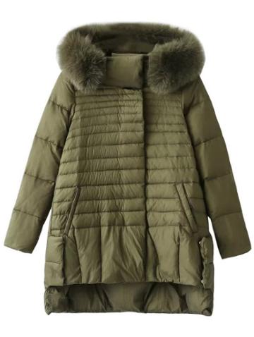 Shein Army Green High Low Padded Coat With Faux Fur Hooded
