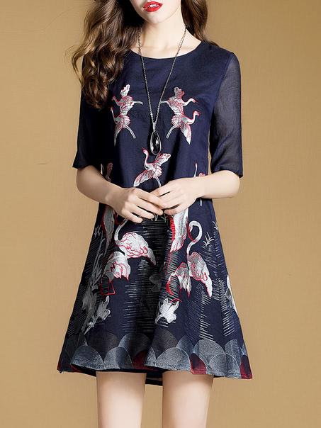 Shein Flamingo Embroidered A-line Dress
