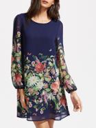 Shein Botanical Print Lantern Sleeve Keyhole Back Dress