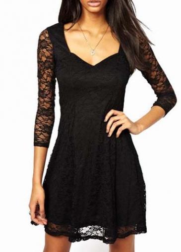 Rosewe A Line Pattern V Neck Three Quarter Sleeve Black Dress