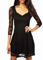 Rosewe A Line Pattern V Neck Three Quarter Sleeve Black Dress