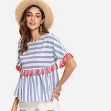 Shein Keyhole Back Tassel Trim Striped Top