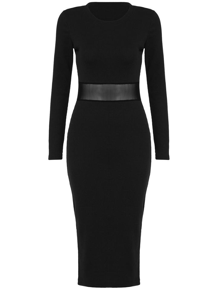 Shein Black Round Neck Sheer Mesh Knit Dress
