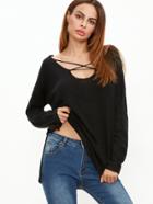 Shein Black Crisscross Double V Neck Slit Sweater