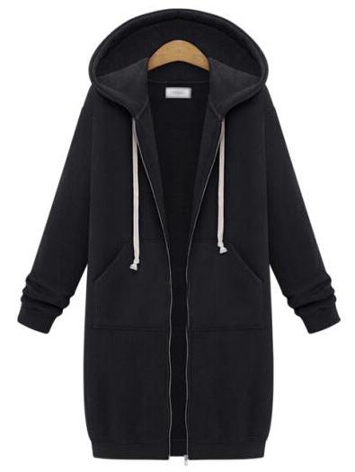 Shein Hooded Drawstring Zipper Black Coat
