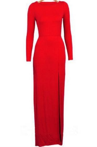 Shein Red Long Sleeve Split Ankle Length Dress
