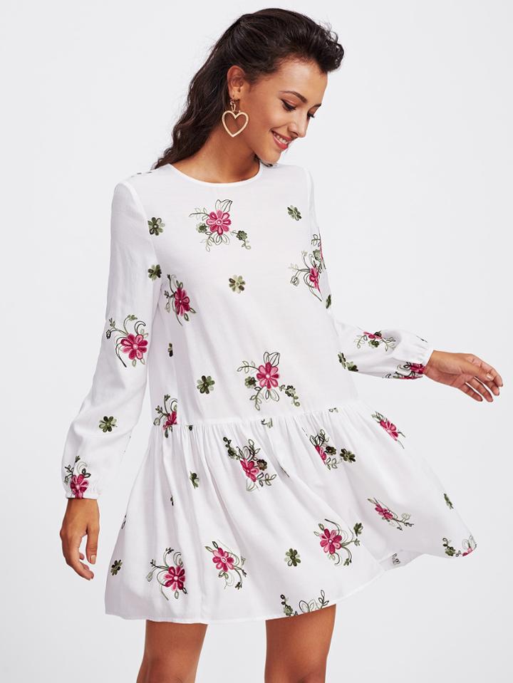 Shein Botanical Embroidered Drop Waist Dress