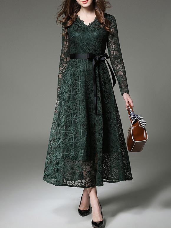 Shein Green V Neck Tie-waist Sheer Lace Dress