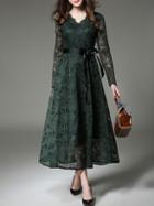 Shein Green V Neck Tie-waist Sheer Lace Dress