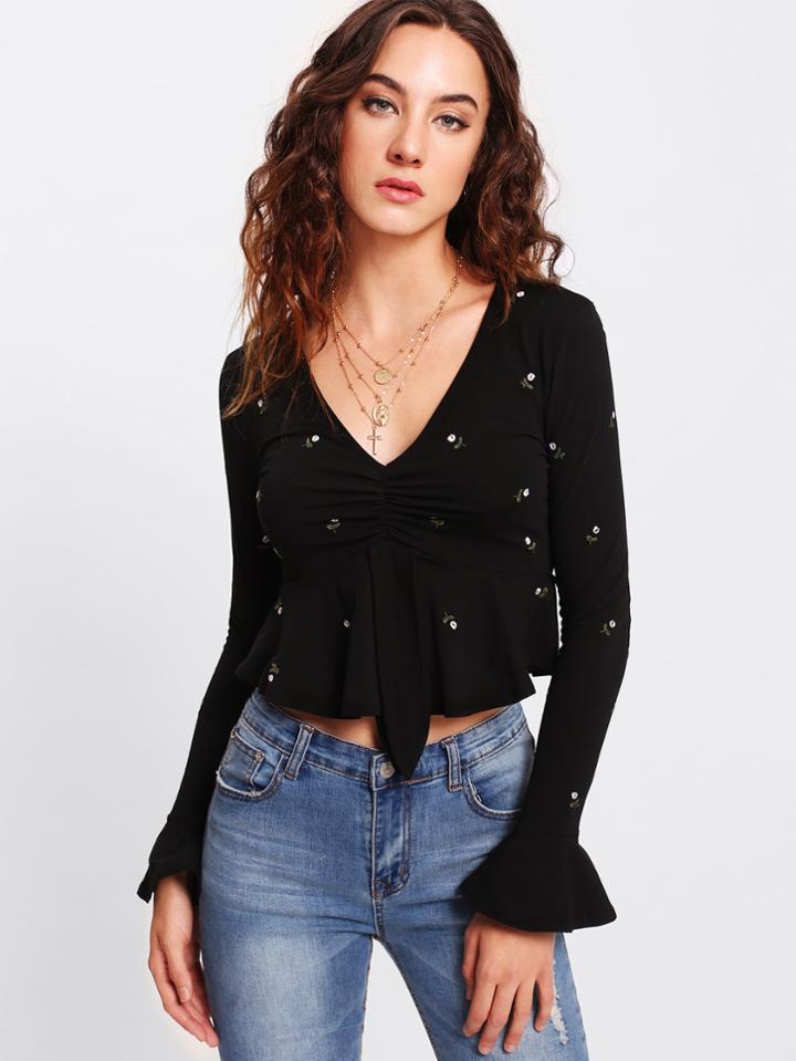 Shein Ruffle Cuff Embroidery Ruched Top