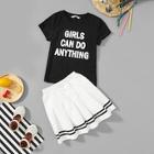 Shein Girls Letter Print Tee And Contrast Tape Skirt Set
