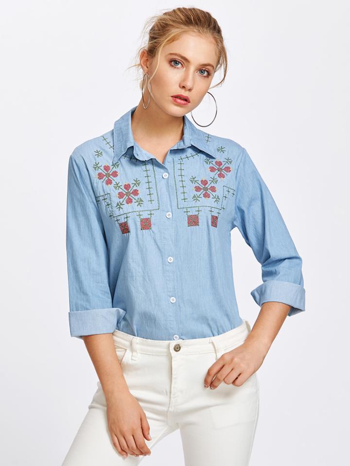 Shein Embroidery Chambray Shirt