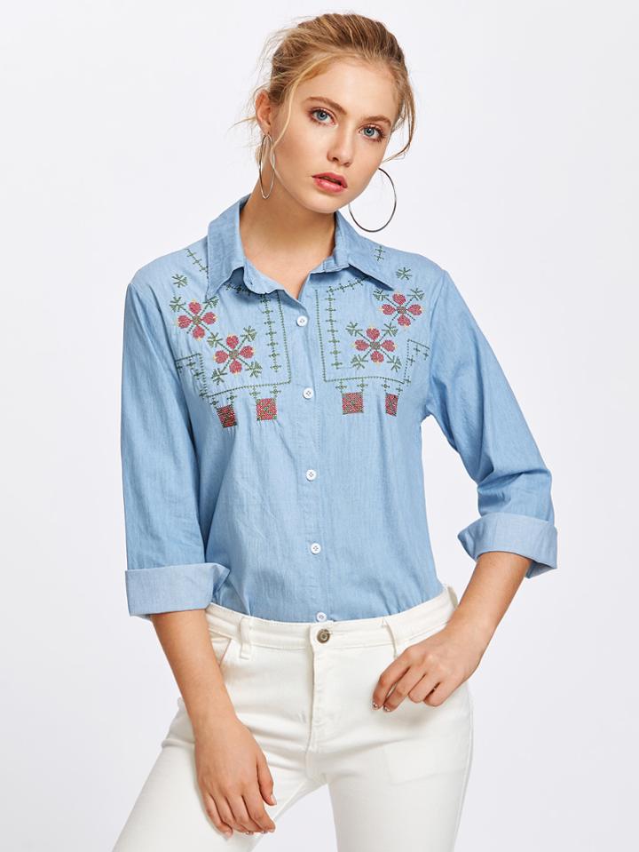 Shein Embroidery Chambray Shirt