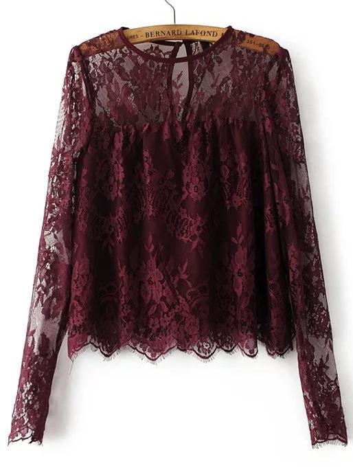 Shein Keyhole Back Long Sleeve Lace Blouse