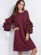 Shein Burgundy Tiered Ruffle Sleeve Tunic Dress