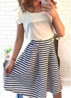 Rosewe White Round Neck Striped Two Piece Dresses