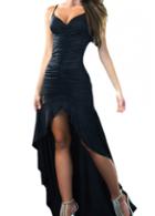 Rosewe Spaghetti Strap Backless Black Asymmetric Maxi Dress