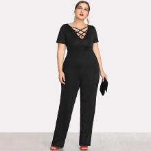 Shein Plus Deep V Neckline Criss Cross Jumpsuit