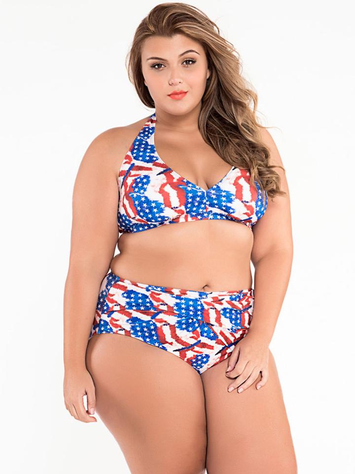 Shein Multicolor Stars And Stripes Print Plus Size Bikini Set