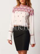 Shein White Mock Neck Tribal Embroidered Blouse