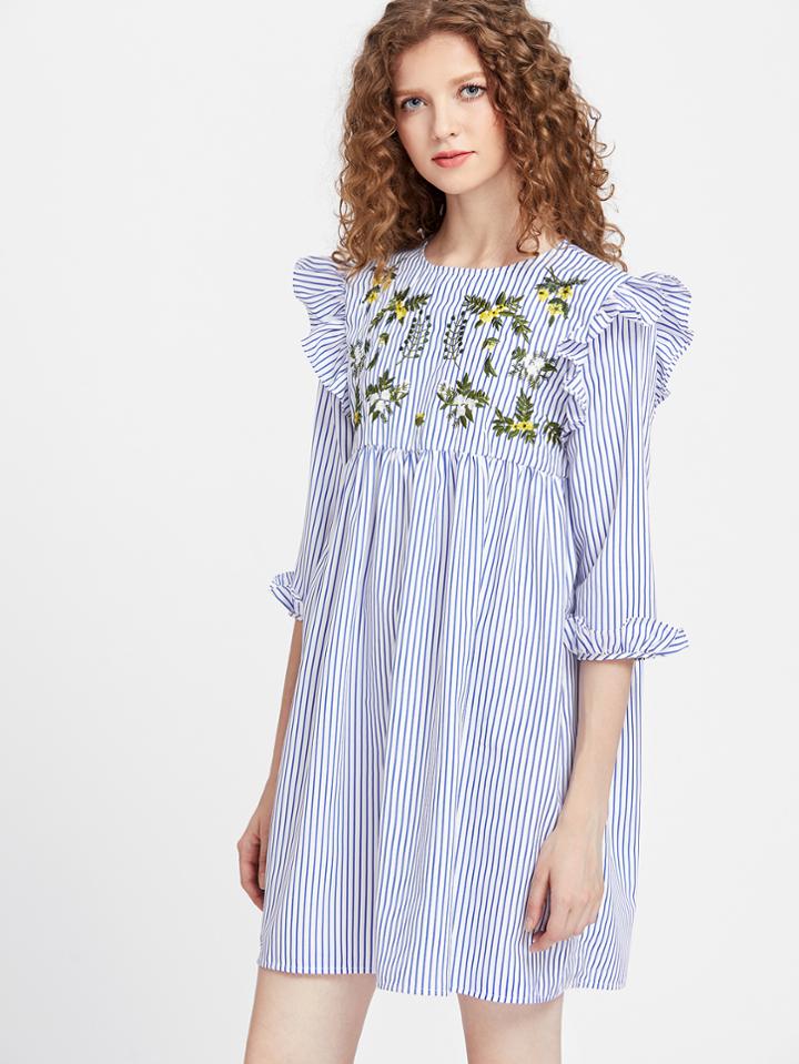 Shein Embroidered Yoke Ruffle Trim Striped Babydoll Dress