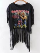 Shein Black Round Neck Printed Tassel T-shirt
