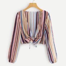 Shein Deep V Neckline Knot Front Striped Top