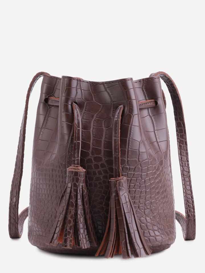 Shein Coffee Crocodile Pu Tassel Drawstring Bucket Bag