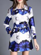 Shein White Blue Lapel Flowers Print Belted Coat