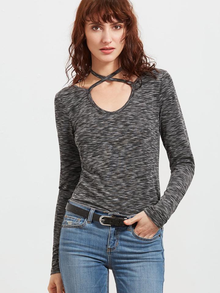 Shein Grey Marled Knit Crisscross Neck Slim Fit T-shirt